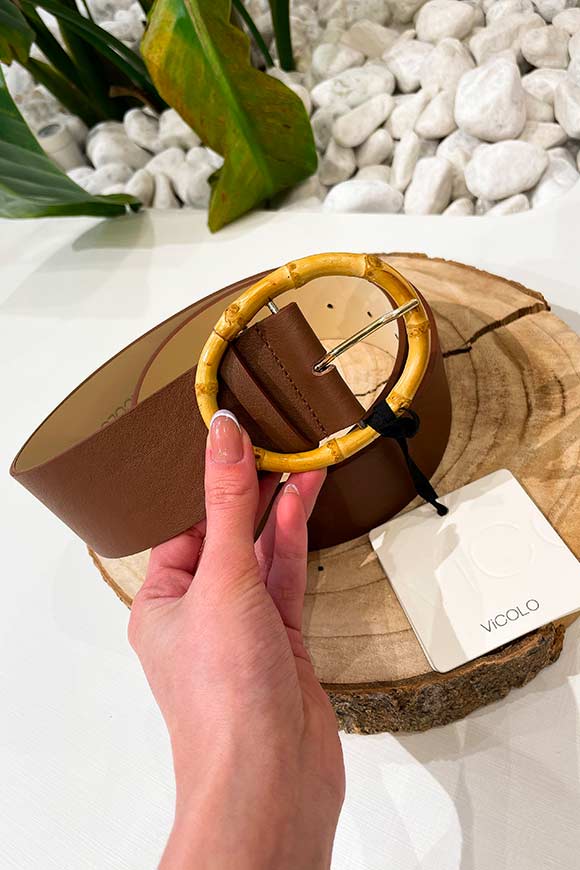 Vicolo - Cintura cioccolato in pelle fibbia bamboo