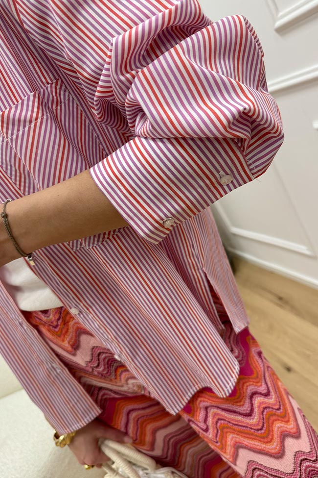 Haveone - Camicia rigata rosa, rossa e bianca in cotone