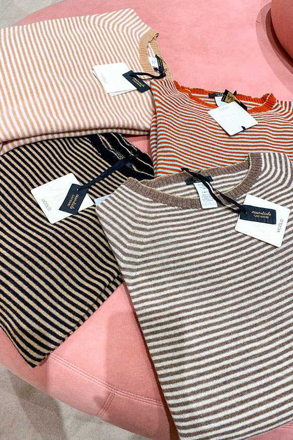 Vicolo - Micro-striped turtledove / butter sweater with lurex edge in cashmere