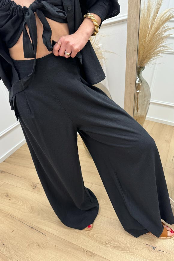 Haveone - Pantaloni neri doppia pinces in misto lino