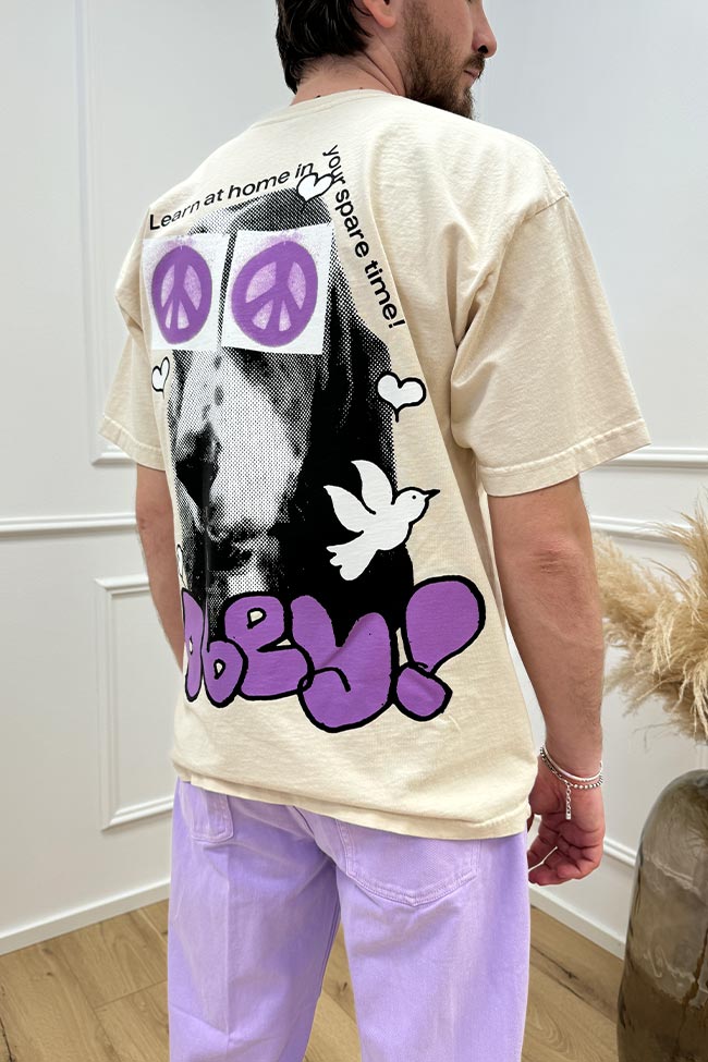 Obey - T shirt crema stampa viola "Peace Eyes"
