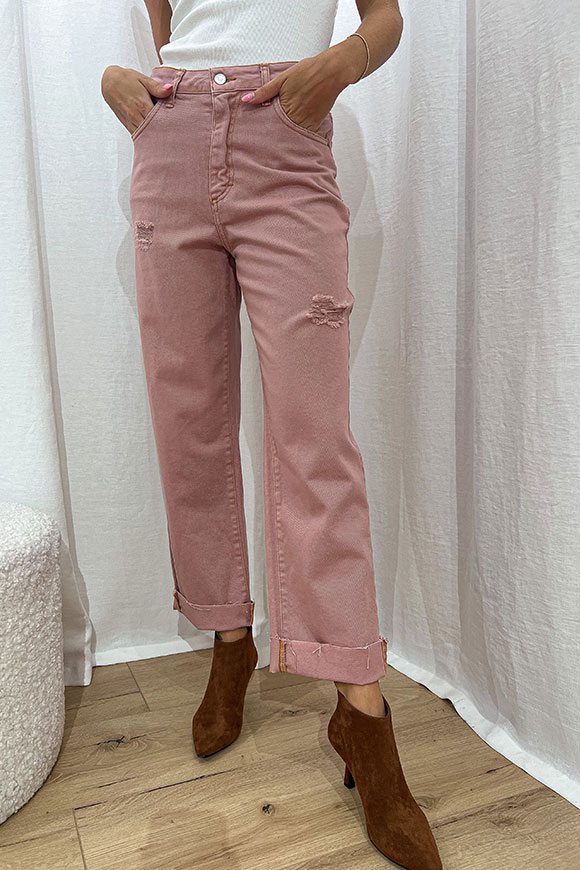 Haveone - Jeans bull rosa cipria con risvolto e rotture