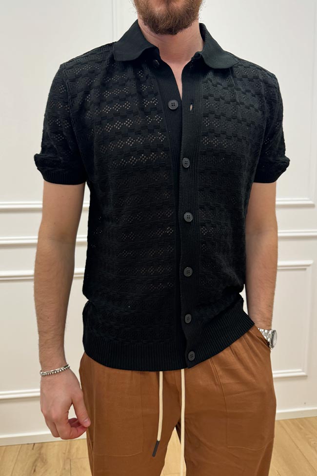 Why not brand - Camicia nera maglia traforata a manica corta