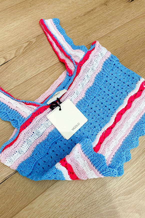 Vicolo - Top crochet azzurro, fucsia e rosa