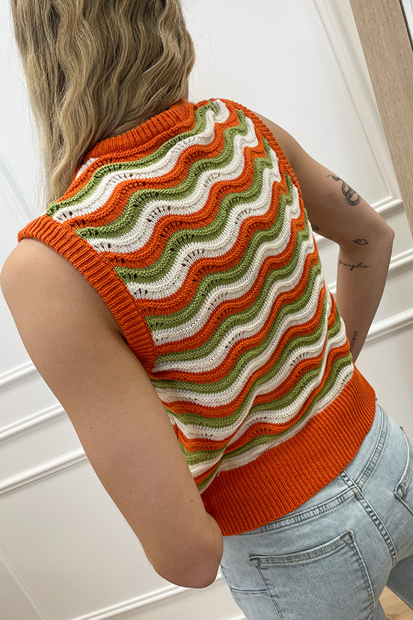 Haveone - Gilet crochet girocollo arancio, panna e erba