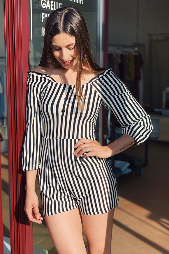 Vicolo - Short white and black striped jersey jumpsuit
