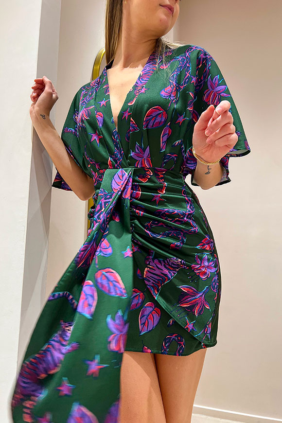 Kontatto - Vestito verde kimono con fiori giappo viola