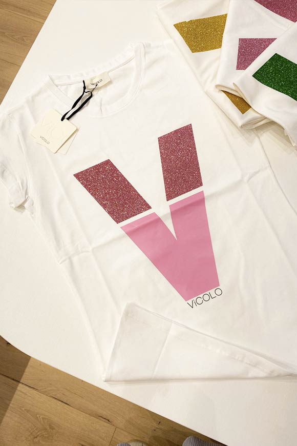 Vicolo - T shirt bianca "V" glitter fucsia