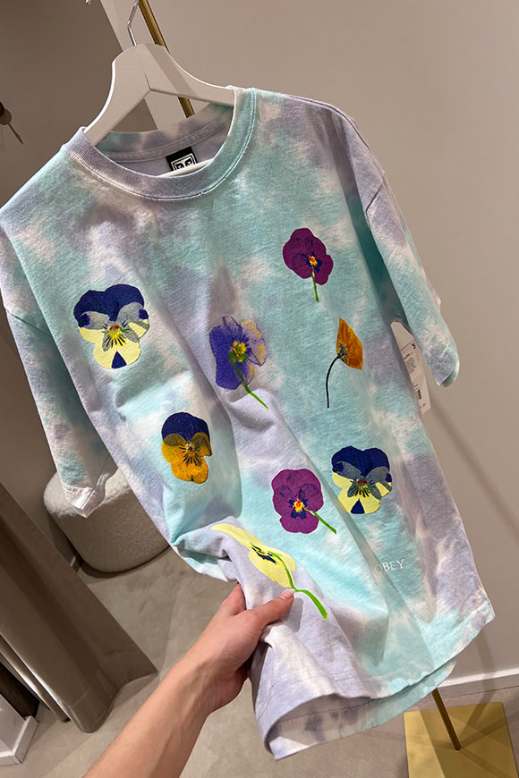 Obey - T shirt tie dye lilla e acqua con stampa sul davanti