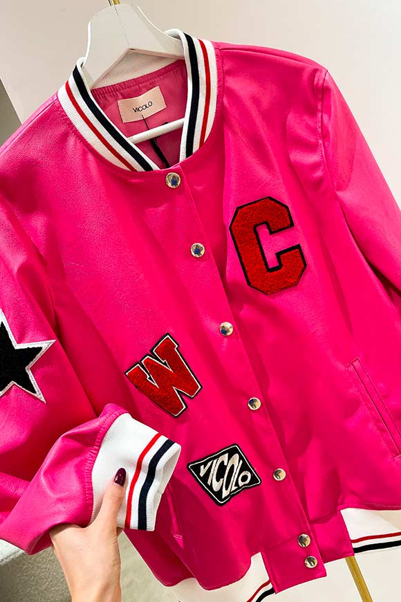 Vicolo - Bubble pink faux leather bomber jacket with patch