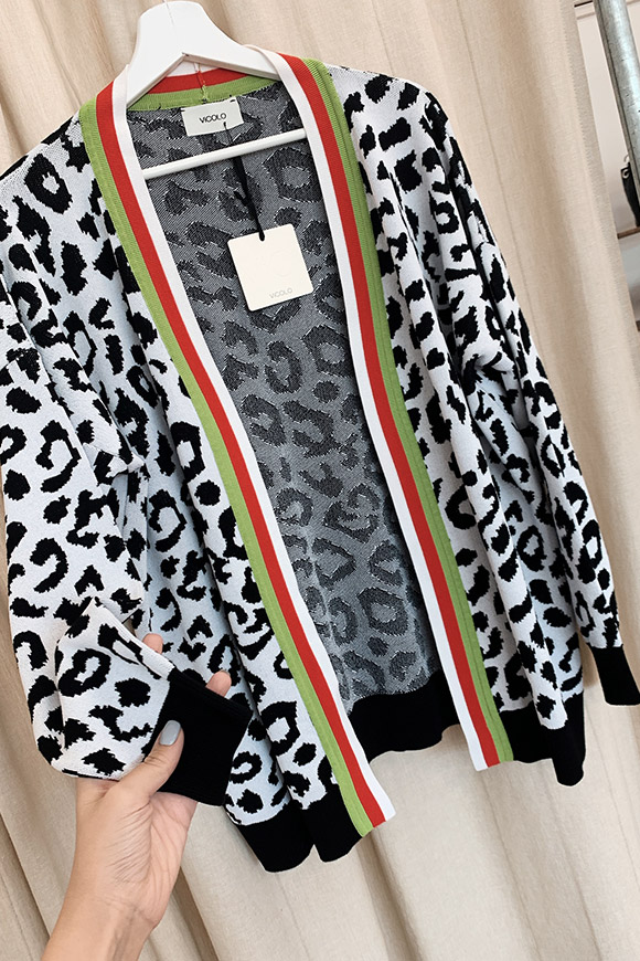 Vicolo - Black and white leopard cardigan with colored bands