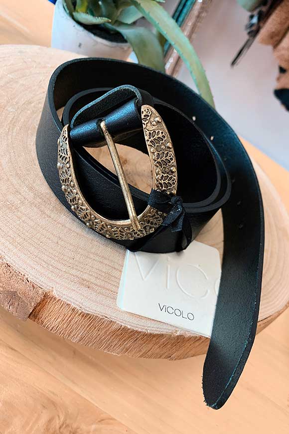 Vicolo - Black belt with worked gold buckle