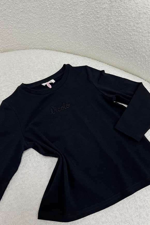 Vicolo Bambina - T-shirt nera con logo ricamato e maniche lunghe