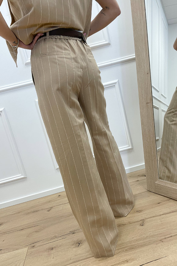 Haveone - Pantaloni beige gessato oro con cintura
