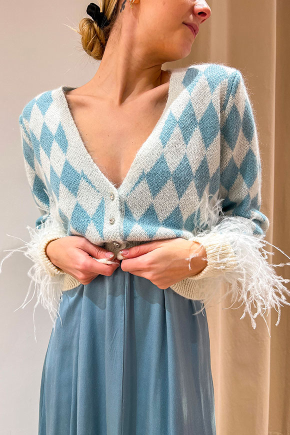 Tensione In - Light blue, cream cardigan with jewel buttons and feathers on the sleeve