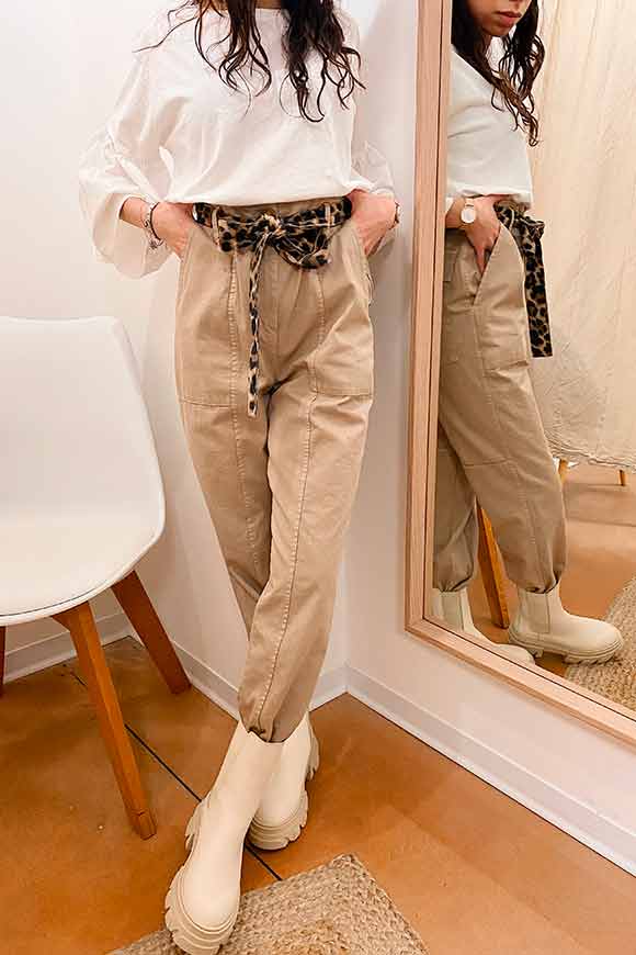 Vicolo - Pantaloni cargo beige cintura leopardata