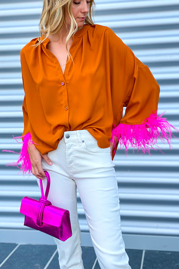 Dixie - Mustard blouse with fuchsia feathers