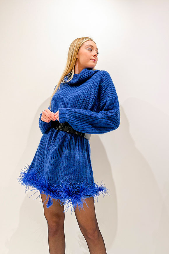 Vicolo - Royal blue mohair dress with feathers on the bottom