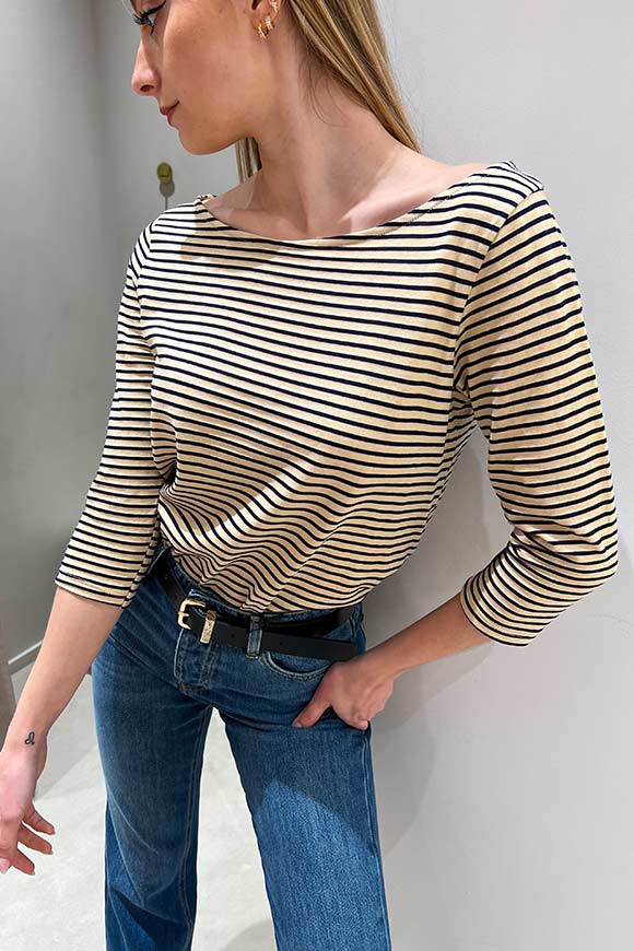 Tensione In - Navy blue striped T shirt with boat neckline