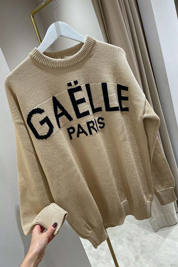Gaelle - Maglione jacquard beige logo nero in lana