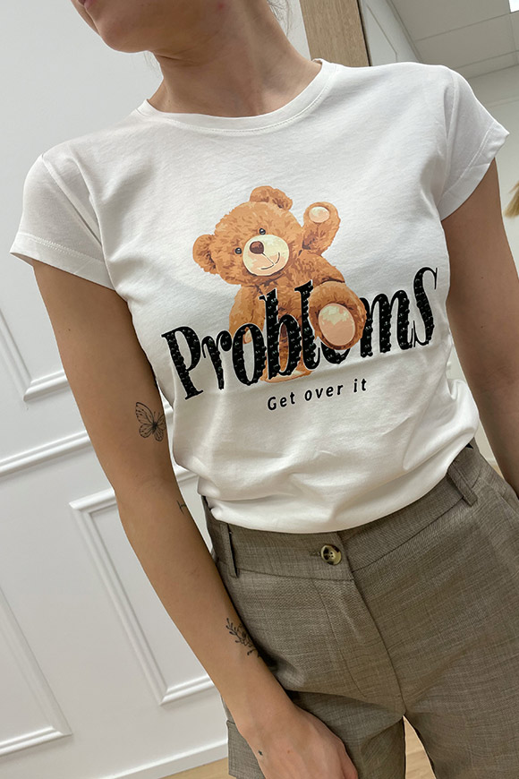 Vicolo - T shirt bianca "problems" con orsetto