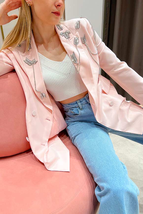 Vicolo - Double-breasted baby pink jacket with jewel details