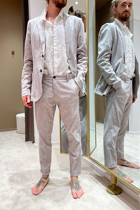 Imperial - Pantalone gessato grigio e bianco in lino