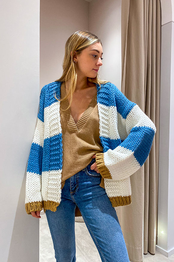 Vicolo - Light blue, white and camel striped wool blend cardigan