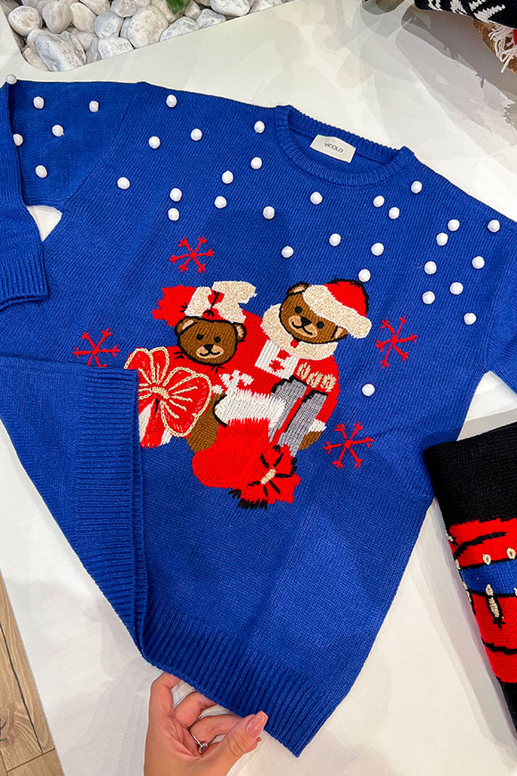 Vicolo - Blue sweater with teddy bears and pom poms