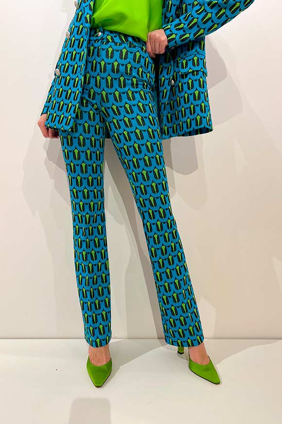 Vicolo - Black, acid green and turquoise geometric patterned trousers with silver button