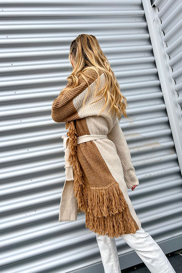 Vicolo - Two-tone camel and butter poncho with fringes