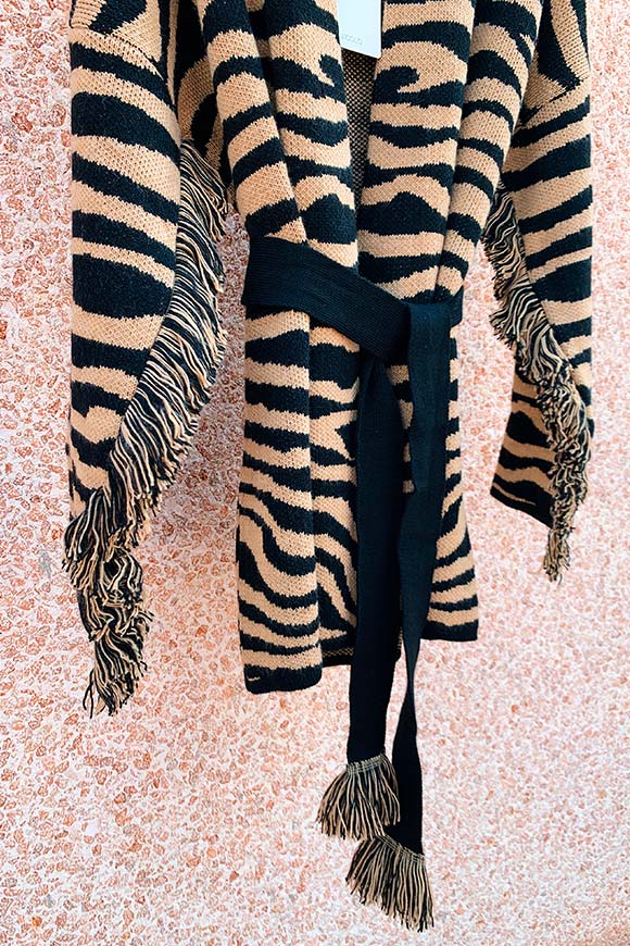 Vicolo - Coffee and black zebra print cardigan with fringes