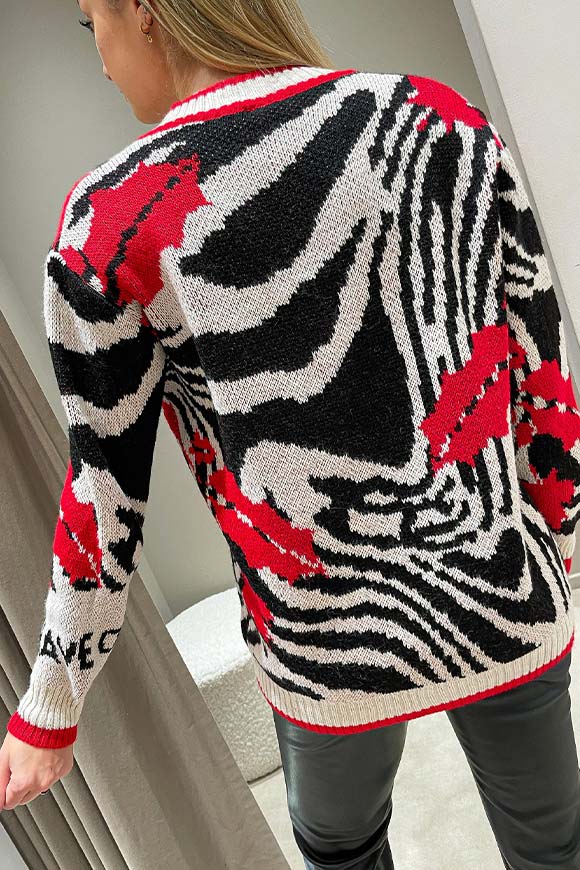 Haveone - Cardigan zebrato rosso, panna e nero