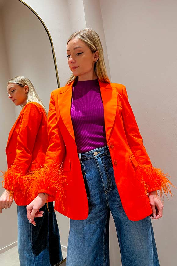 Tensione In - Orange jacket in cotton gabardine with feathers