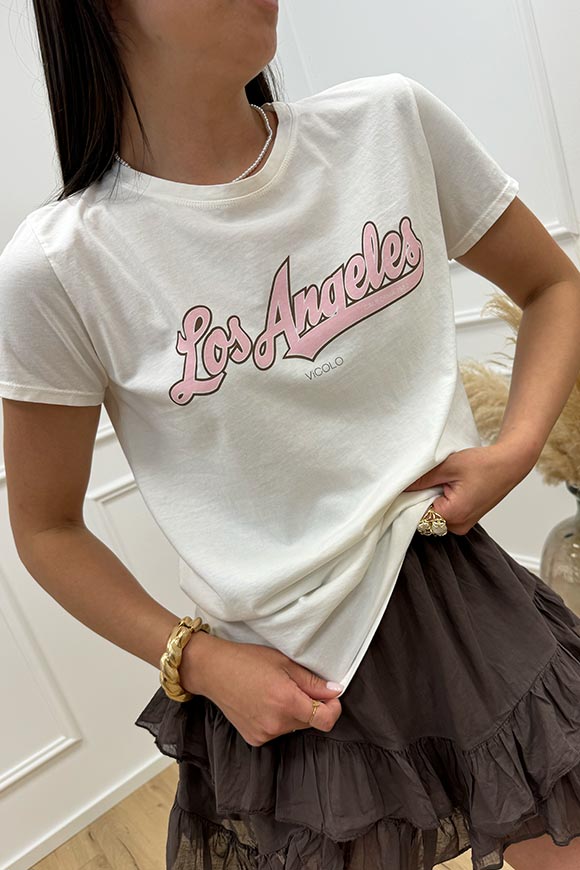 Vicolo - T shirt bianca stampa "Los Angeles" rosa