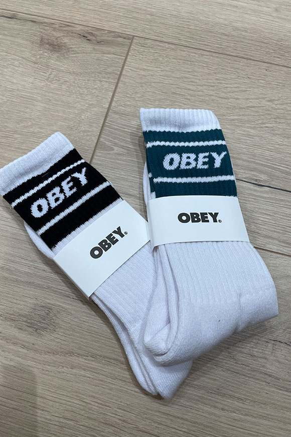 Obey - White sock with logo and contrasting moss green bands