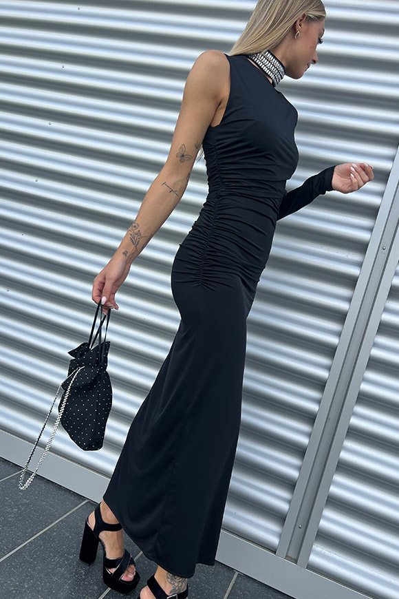 Simona Corsellini - Vestito nero monospalla cut out con girocollo gioiello