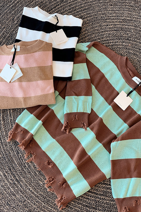 Vicolo - Mint green and frayed brown striped sweater