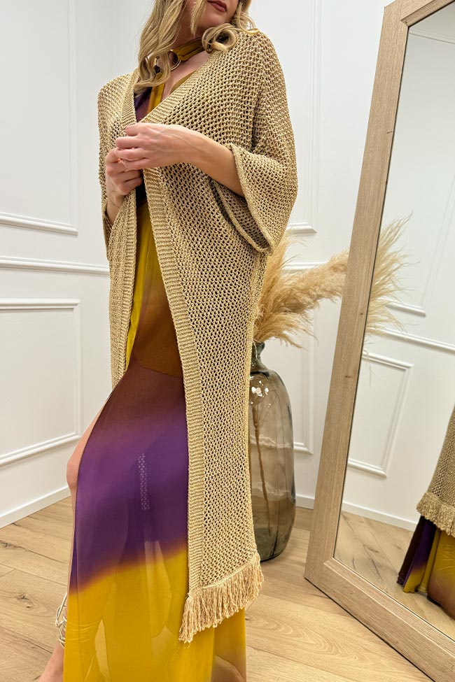 Kontatto - Cardigan filato lurex oro a kimono con frange