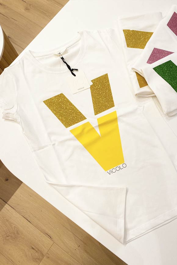 Vicolo - T shirt bianca "V" glitter gialla