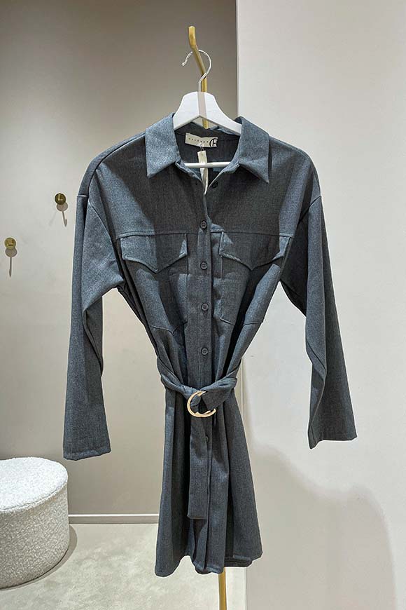 Haveone - Vestito chemisier grigio con cinta e tasche