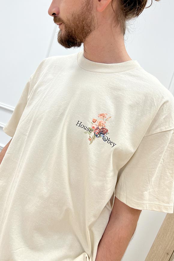 Obey - T shirt crema stampa mazzo fiori