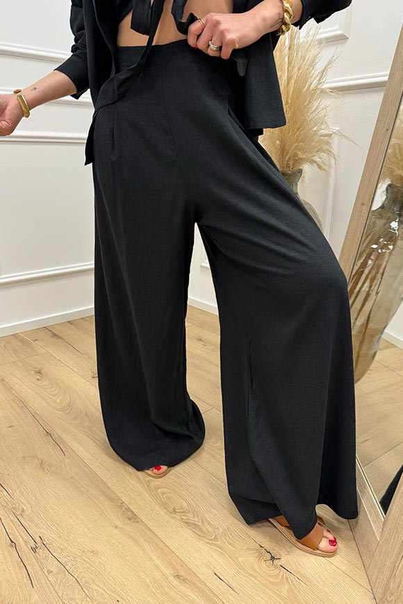 Haveone - Pantaloni neri doppia pinces in misto lino