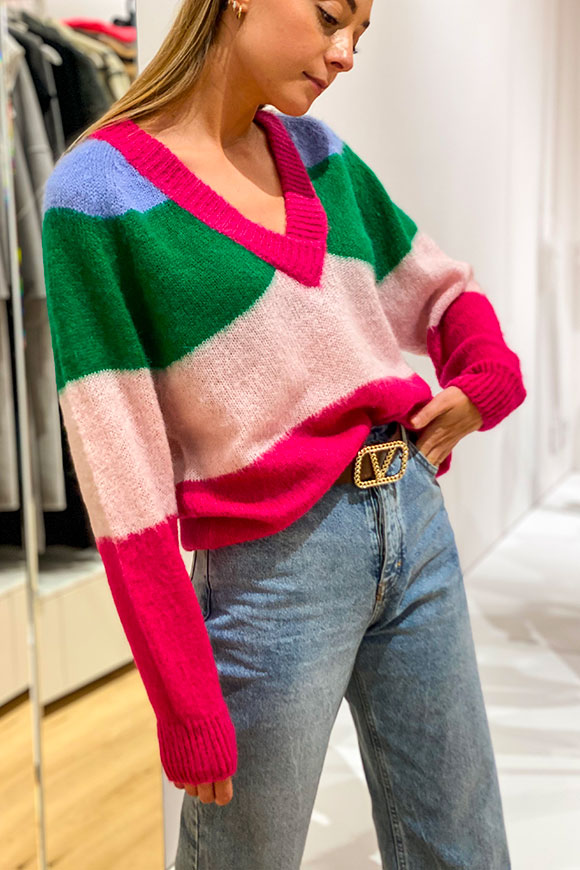 Dixie - Green, fuchsia and light blue color block sweater with V-neck