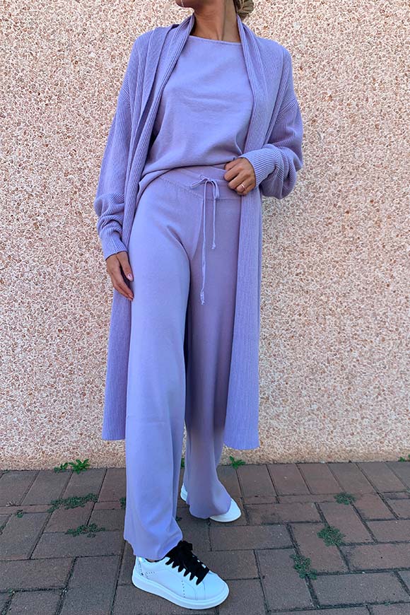 Vicolo - Long ribbed cardigan in pastel lilac knit