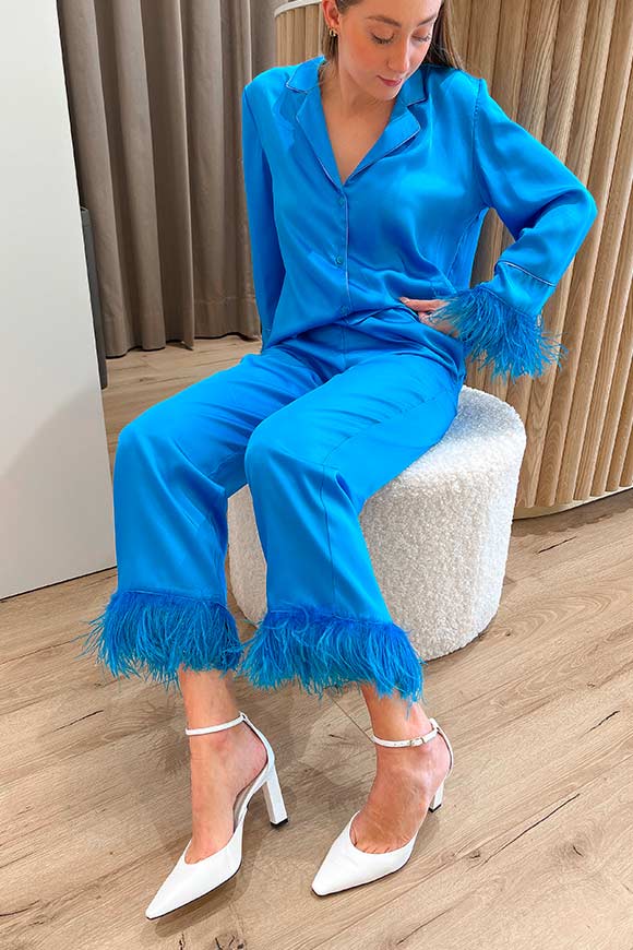 Vicolo - Turquoise pajama-style trousers with feathers on the bottom