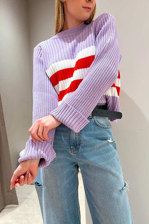 Vicolo - Lilac sweater with red stripes, white sleeves with turn-up