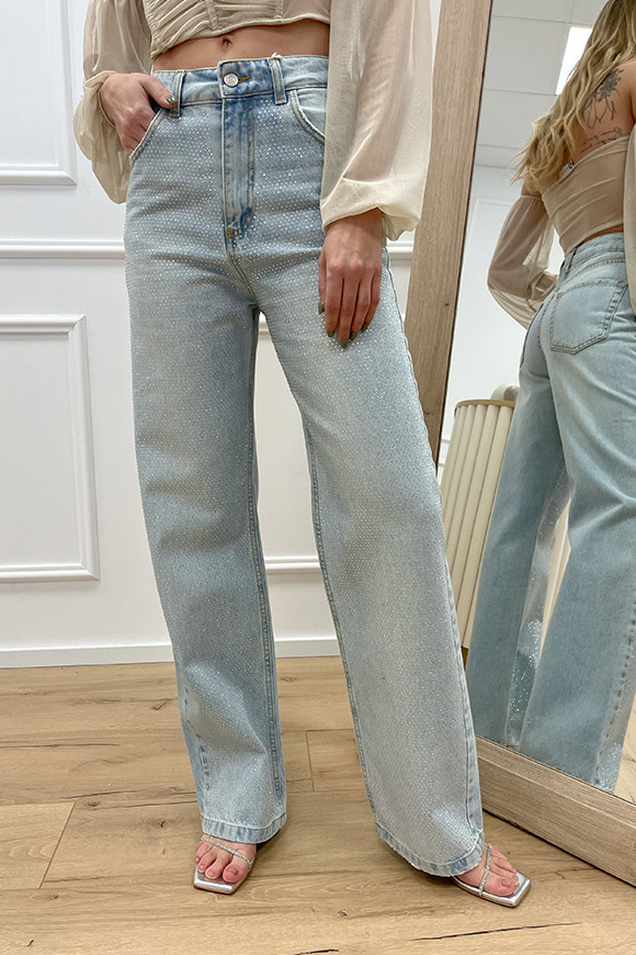 Haveone - Jeans denim chiaro a palazzo con strass