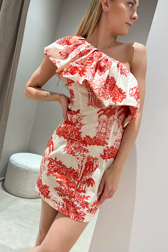 Vicolo - Vestito monospalla stampa Dior rosso, bianco con frappa