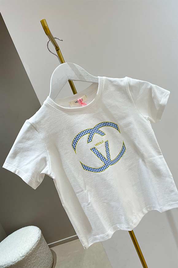 Vicolo Bambina - T shirt logo Vicolo "Chanel" a quadri celeste